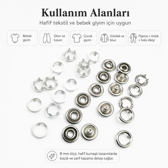 8 mm Optik Beyaz Renk Delikli Klikıt Bebe Çıtçıtı Paslanmaz 250 Adet/Paket