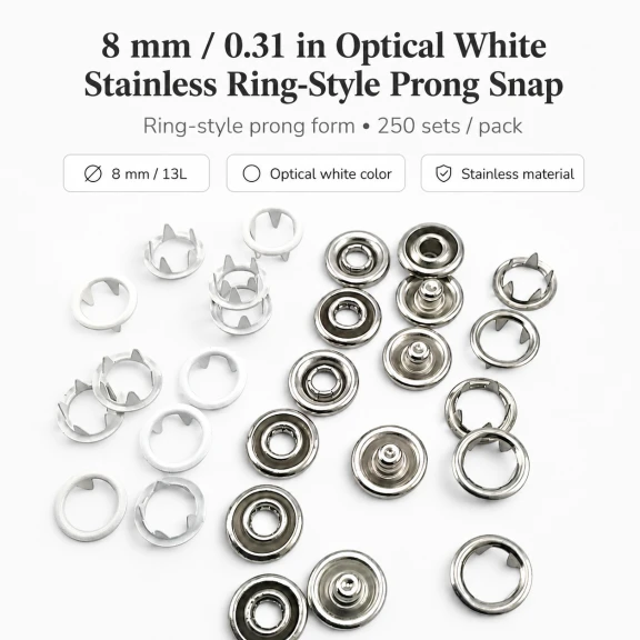 8 mm Optik Beyaz Renk Delikli Klikıt Bebe Çıtçıtı Paslanmaz 250 Adet/Paket