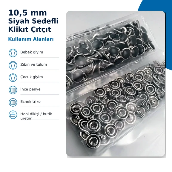 Siyah Sedefli Klikıt Çıtçıt 10,5 mm Paslanmaz 100 Adet/Paket - Estetik ve dayanıklı tekstil aksesuarı