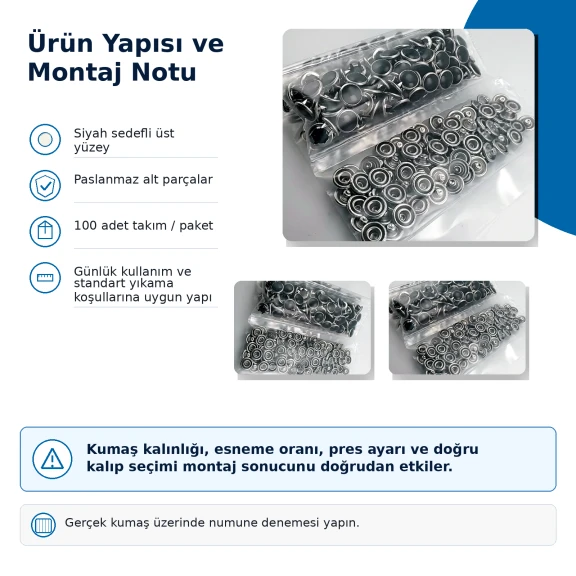 Siyah Sedefli Klikıt Çıtçıt 10,5 mm Paslanmaz 100 Adet/Paket - Estetik ve dayanıklı tekstil aksesuarı