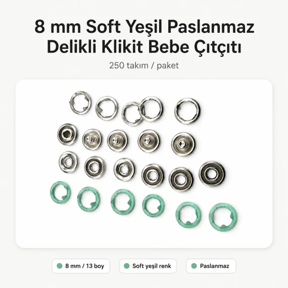 8 mm Soft Yeşil Renk Delikli Klikıt Bebe Çıtçıtı Paslanmaz 250 Adet/Paket ERBCLK0008SY