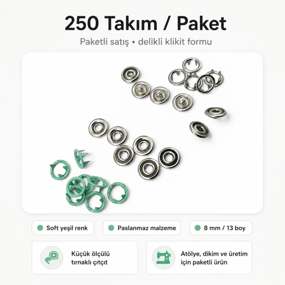 8 mm / 0.31 in Soft Green Stainless Ring-Style Prong Snap Fasteners for babywear, bodysuits, and light garment projects