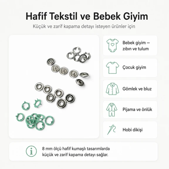 8 mm / 0.31 in Soft Green Stainless Ring-Style Prong Snap Fasteners for babywear, bodysuits, and light garment projects