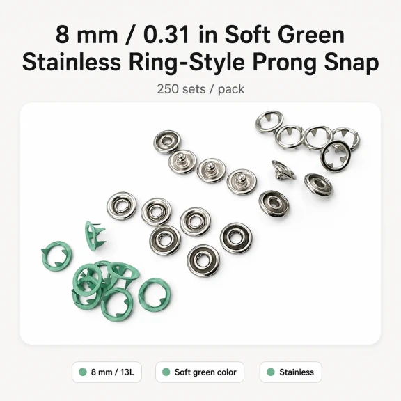 8 mm / 0.31 in Soft Green Stainless Ring-Style Prong Snap Fasteners for babywear, bodysuits, and light garment projects