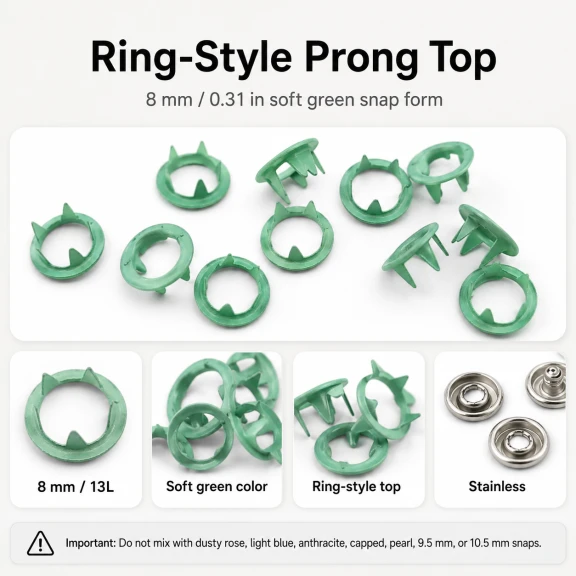 8 mm / 0.31 in Soft Green Stainless Ring-Style Prong Snap Fasteners for babywear, bodysuits, and light garment projects