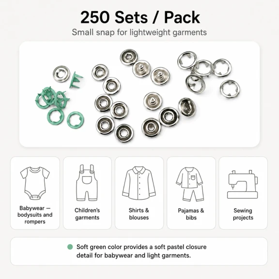 8 mm / 0.31 in Soft Green Stainless Ring-Style Prong Snap Fasteners for babywear, bodysuits, and light garment projects