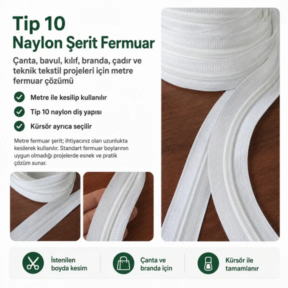 Tip 10 Naylon Şerit Fermuar - 15 mm genişliğinde, çanta, çadır ve branda yapımında kullanılabilen dayanıklı naylon malzeme