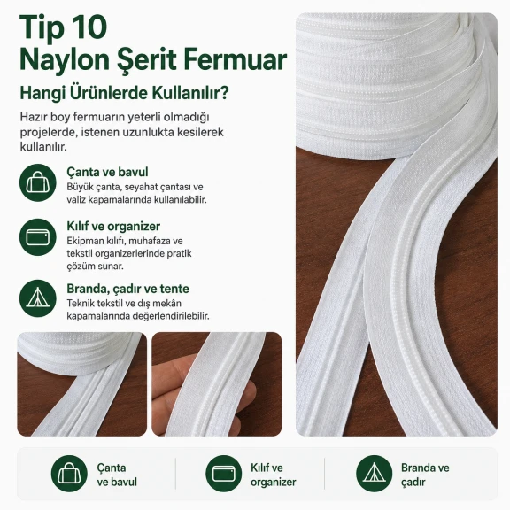 Tip 10 Naylon Şerit Fermuar - 15 mm genişliğinde, çanta, çadır ve branda yapımında kullanılabilen dayanıklı naylon malzeme