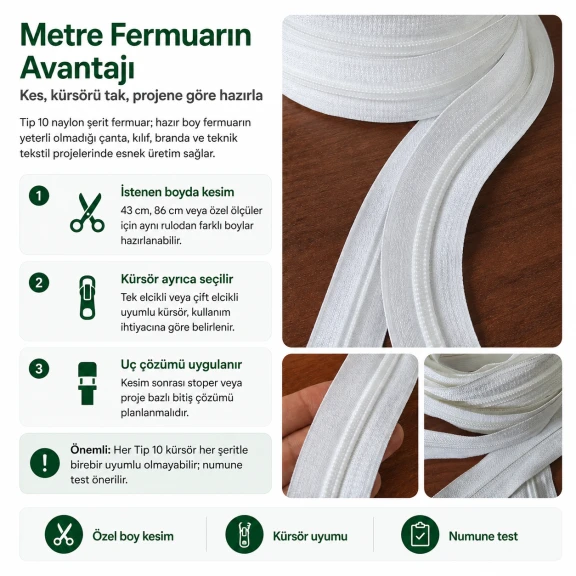 Tip 10 Naylon Şerit Fermuar - 15 mm genişliğinde, çanta, çadır ve branda yapımında kullanılabilen dayanıklı naylon malzeme