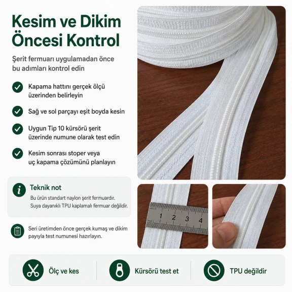 Tip 10 Naylon Şerit Fermuar - 15 mm genişliğinde, çanta, çadır ve branda yapımında kullanılabilen dayanıklı naylon malzeme