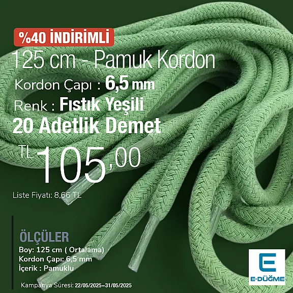 Braided Cord 130 cm - 1,42 yd Cotton Pistachio Green PROMO PROMOYKRD00PFGreen
