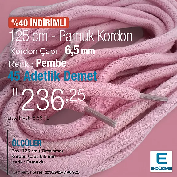 Braided Cord 130 cm - 1,42 yd Cotton Pink PROMO PROMOYKRD00PPink