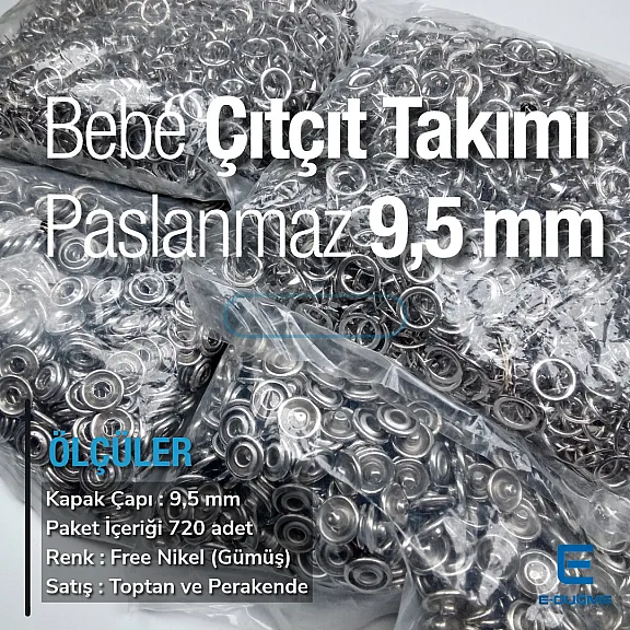 9,5 mm Bebe Çıtçıtı 720 Adet/Paket Delikli Klikıt Çıtçıt Paslanmaz C0013