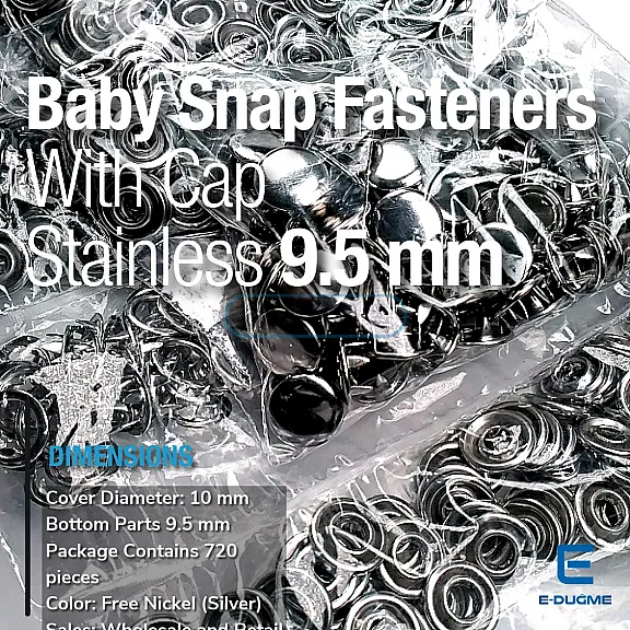 9.5 mm Baby Snap Fasteners  With Prong Cap Stainless Steel Prong Snap Fastener 720 Pcs/Pack C0014P
