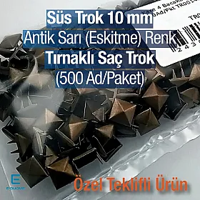 Süs Trok 10 mm Antik Sarı Renk Piramit Tırnaklı Saç Trok (500 Ad/Paket) TR0014PKA Süs Trok 10 mm Antik Sarı Renk Piramit Tırnaklı Saç Trok (500 Ad/Paket) TR0014PKA