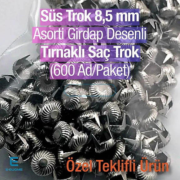 Süs Trok 8,5 mm Asorti Girdap Desenli Tırnaklı Saç Trok (650 Ad/Paket) TR0027PKAS