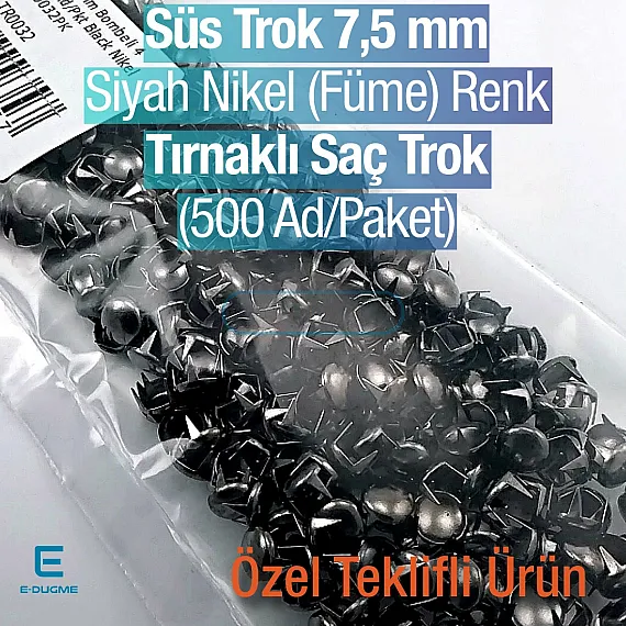 Süs Trok 7,5 mm Siyah Nikel Renk Tırnaklı Saç Trok (500 Ad/Paket) TR0032PKB