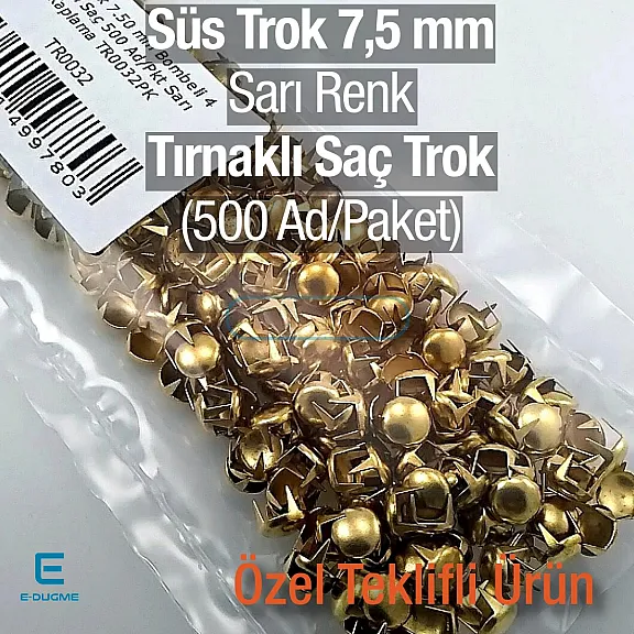 Süs Trok 7,5 mm Sarı Renk Tırnaklı Saç Trok (500 Ad/Paket) TR0032PKS Süs Trok 7,5 mm Sarı Renk Tırnaklı Saç Trok (500 Ad/Paket) TR0032PKS