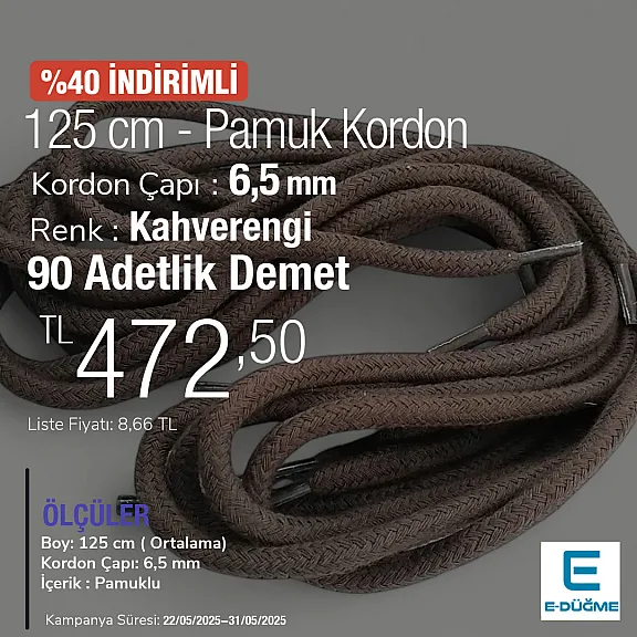 Braided Cord 130 cm - 1,42 yd Cotton Brown PROMO PROMOYKRD00Brown