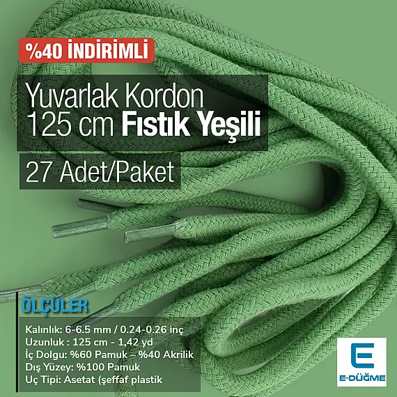 Yuvarlak Kordon 125 cm Pamuk Fıstık Yeşili 27 Adet Promosyonlu Satış PROMOYKRD00PFGreen