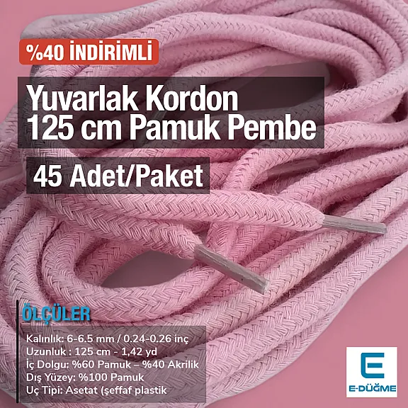 Yuvarlak Kordon 125 cm Pamuk Pembe Promosyonlu Satış PROMOYKRD00PPink