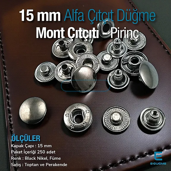15 mm Alfa Çıt çıt Düğme Black Nikel Pirinç Çıtçıt Düğme 100 Ad/ Pack C000100PRPROMO