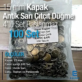 Çıtçıt Düğme 15 mm Paslanmaz Antik Sarı Renk 100 adet/Pk C00016PPKAS