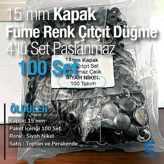 15 mm - 0,59" Snap Fasteners Stainless Black Nickel Color 100 pcs/Pack C00016PPKBN