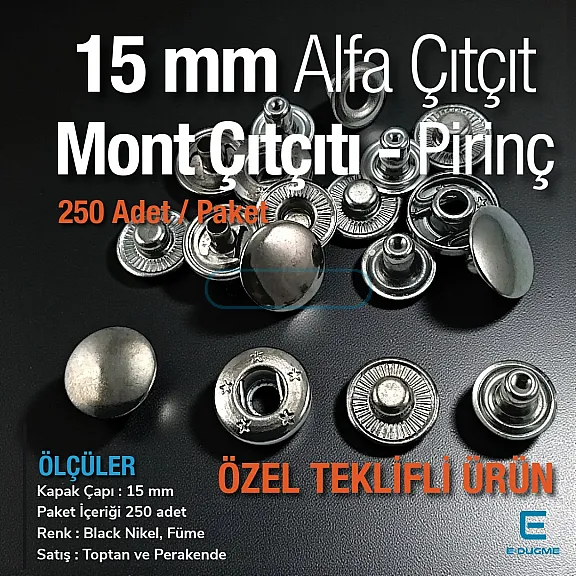 15 mm Alfa Çıt çıt Düğme Black Nikel Pirinç Çıtçıt Düğme 250 Ad/ Pack C0001PRPROMO