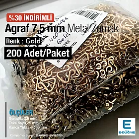 Agraf 7,5 mm Metal Zamak Promo Paket 200 Adet Gold Renk E 1762PROMO