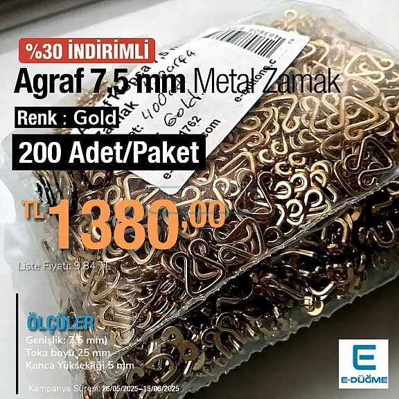 Agraf 7,5 mm Metal Zamak Promo Paket 200 Adet E 1762PROMO