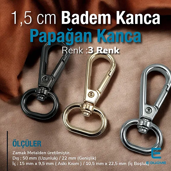 1,5 cm Yaylı Döner Kanca - Badem Kanca - Papağan Kanca - Çanta Kancası Özel Kaplama S 20275