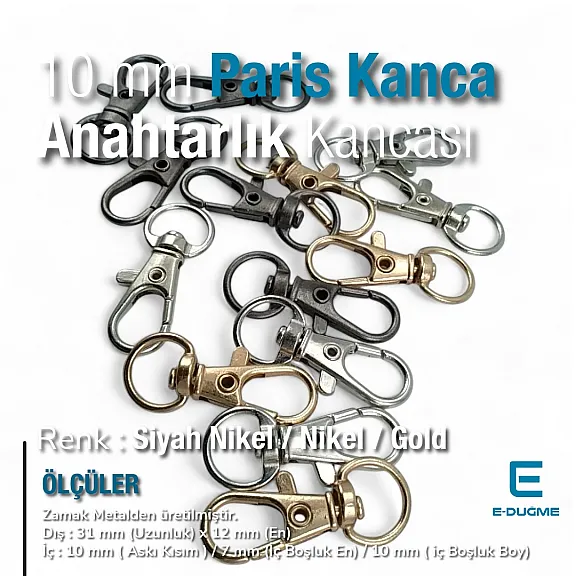10 mm Anahtarlık Kancası - Paris Kanca Yaylı Döner Kancalar - Papağan Kanca (100 Adet/Paket) S1351