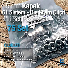 61 Çıtçıt Düğme 15 mm Paslanmaz Çelik Çıtçıt 75 Adet/Paket C0004P15PK