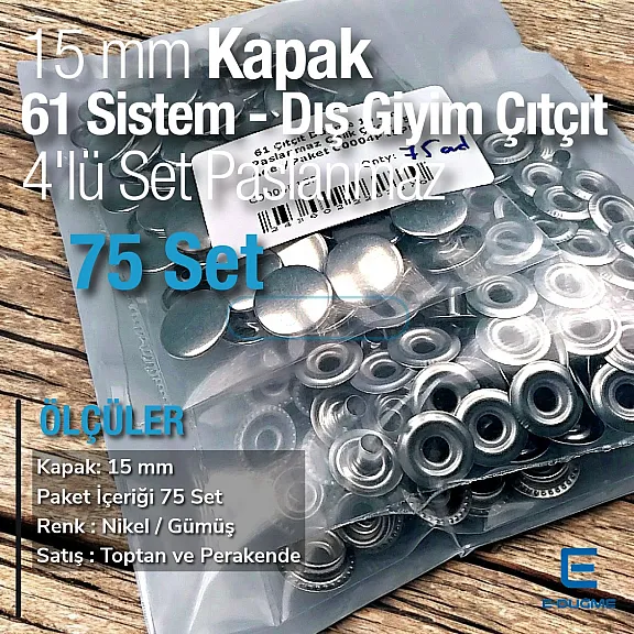 61 Snap Fasteners 15 mm Stainless Steel Snap Fastener 75 Pcs/Pack C0004P15PK