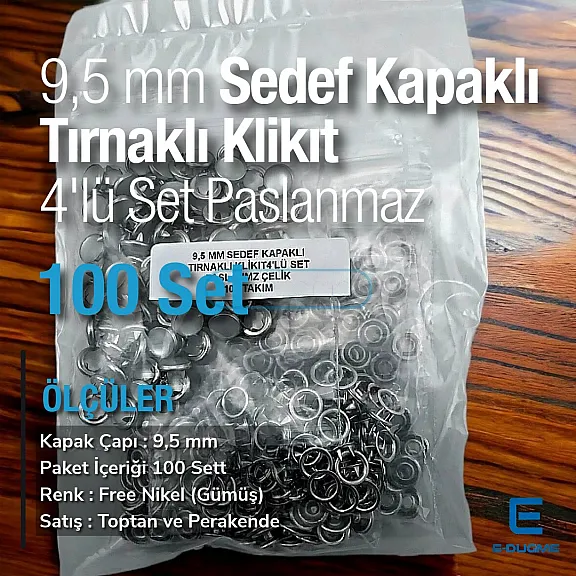 Bebe Çıtçıtı 9,5 mm Paslanmaz Sedefli Klikıt Çıtçıt 100 Adet/Pk C0095SPPK